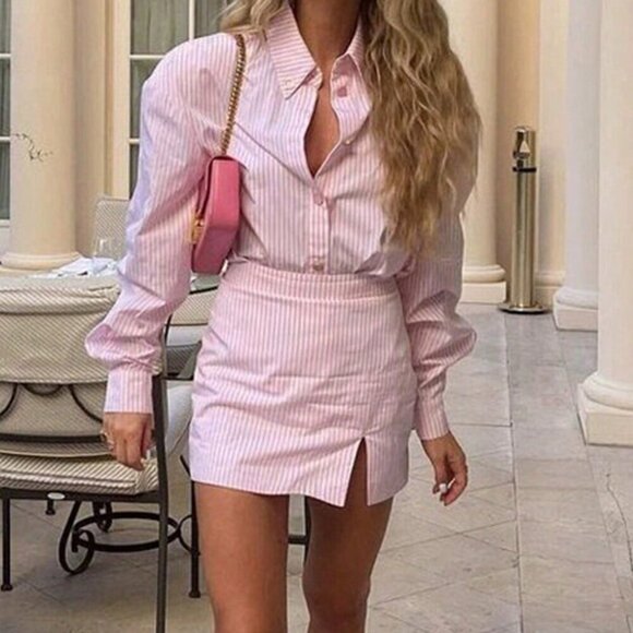 Pink Elegant Women's Casual Striped Long Sleeve Shirt And Slit Hem Skirt Set - Picture 2 of 3